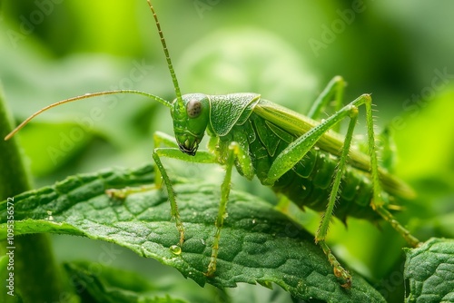 Green katydid perched on a dewy leaf.