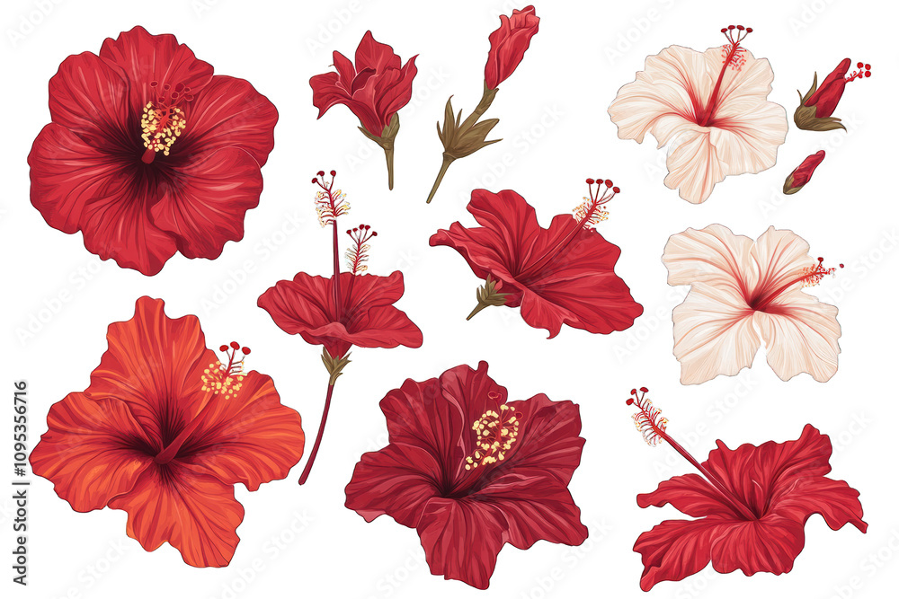 Collection of red and white hibiscus flowers in various stages of bloom. Collection of red and white hibiscus flowers in various stages of bloom.