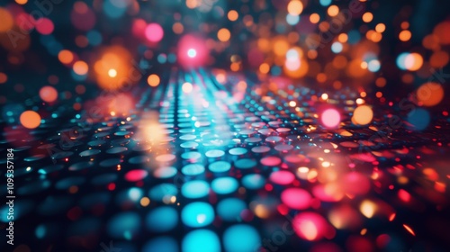 Wallpaper Mural An abstract image featuring a grid of reflective circles with vibrant bokeh lights in neon pink, teal, and orange, creating a dynamic and futuristic atmosphere Torontodigital.ca
