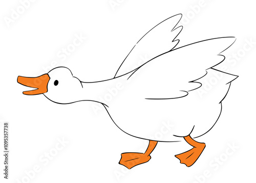 Cute goose runs stretching neck and spreading wings. Funny white duck or goose neck forward wing flapping. Cartoon farm bird character chubby domestic animal isolated doodle.