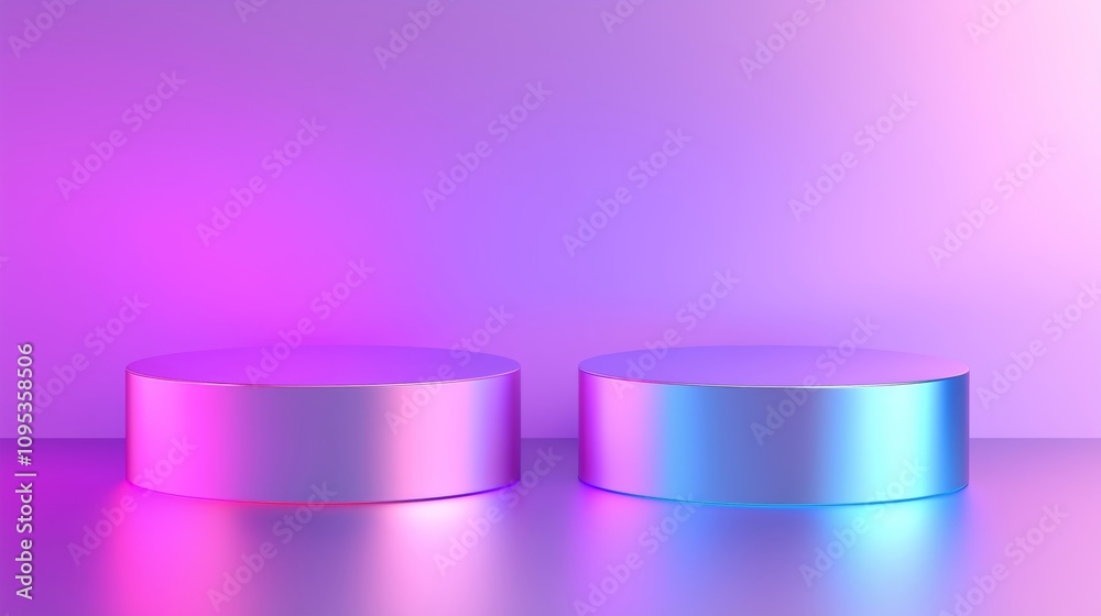 A minimalist composition featuring two metallic podiums illuminated by gradient neon pink and blue lighting, set against a smooth purple background, creating a futuristic and elegant design