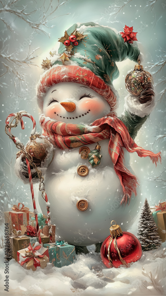 Obraz premium Vintage Christmas card with funny snowman in forest.