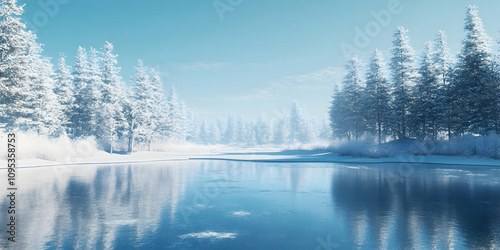 Winter scene with a frozen lake and snow-covered trees under a clear sky. high quality