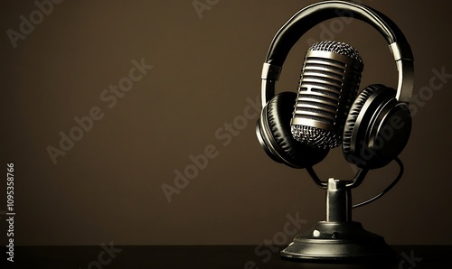 A vintage microphone with headphones, symbolizing audio recording and broadcasting.