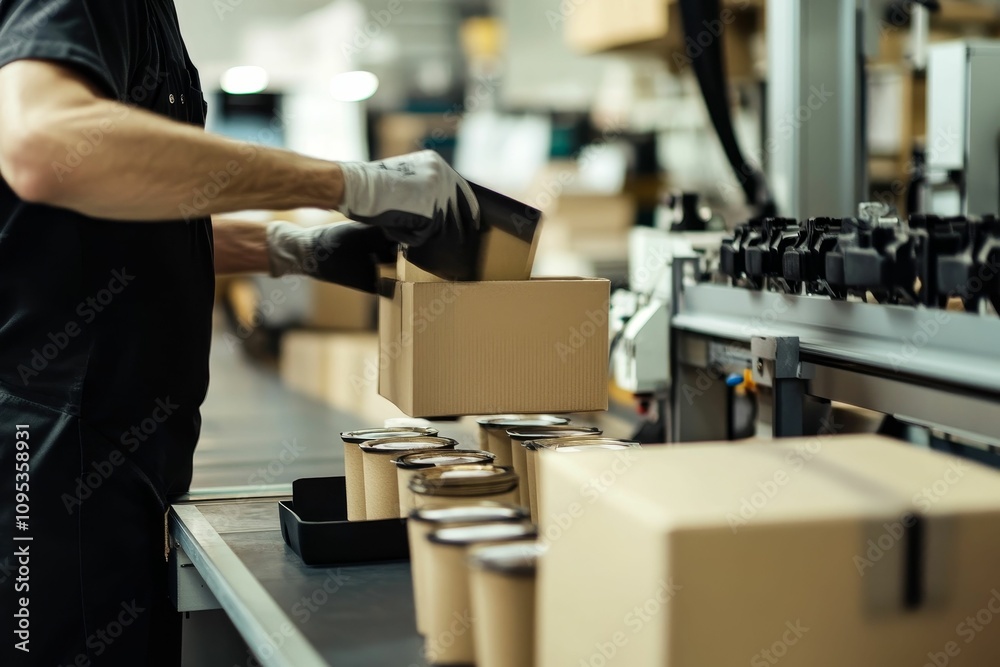 Worker places product into cardboard box on conveyor.