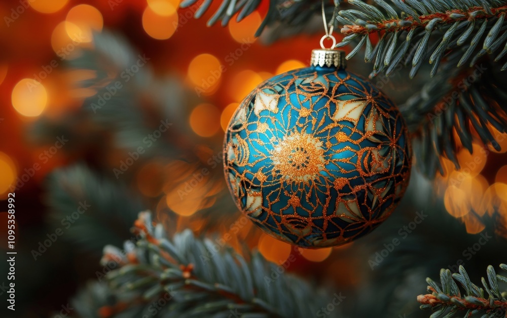 beautiful ornament on christmas tree on orange christmas background 
