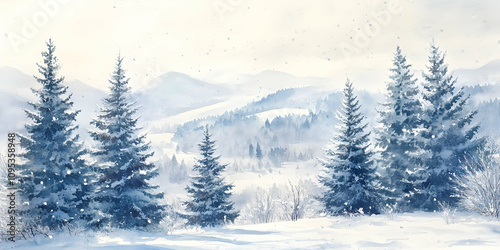 Watercolor illustration of snowy conifer trees and a serene rural winter landscape. high quality