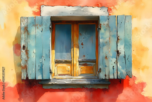 A window with blue shutters and a yellow wall. The shutters are open and the window is letting in sunlight
