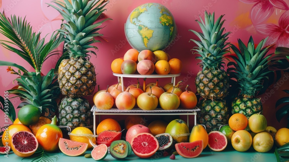 A vibrant display of assorted fruits with a globe, set against a floral backdrop. A vibrant display of assorted fruits with a globe, set against a floral backdrop.