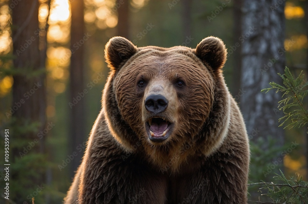 A brown bear in the forest against the background of sunset. Autumn forest. A brown bear in the forest against the background of sunset. Autumn forest.