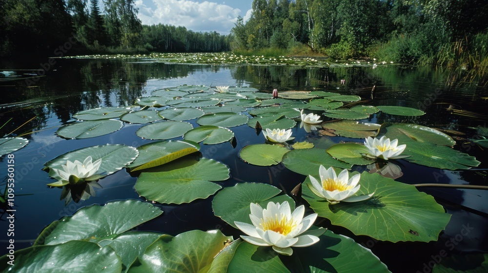A serene pond filled with water lilies under a bright sky, reflecting nature's beauty. A serene pond filled with water lilies under a bright sky, reflecting nature's beauty.