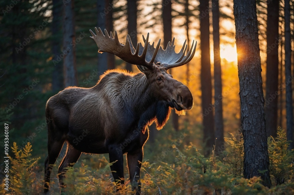 Moose in the forest against the background of sunset.Autumn forest. Moose in the forest against the background of sunset.Autumn forest.