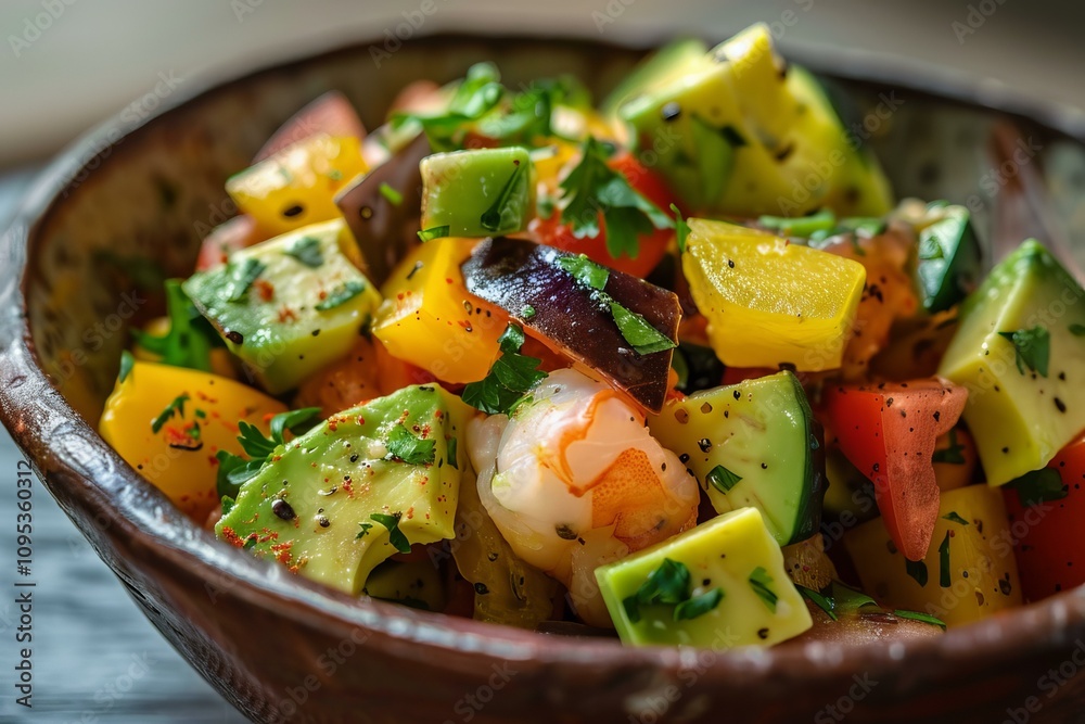 Fresh and vibrant salad featuring shrimp, avocado, bell peppers, tomatoes, and a sprinkle of parsley, served in a rustic bowl Fresh and vibrant salad featuring shrimp, avocado, bell peppers, tomatoes, and a sprinkle of parsley, served in a rustic bowl