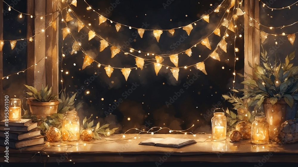 Obraz premium Cozy watercolor background with warm lights and decorative elements for relaxation and inspiration