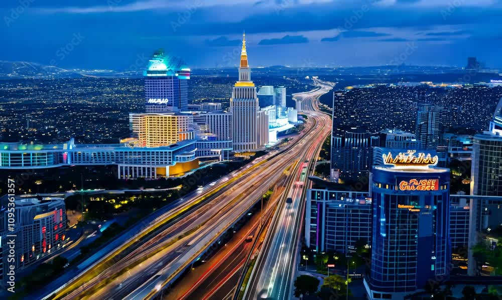 aerial nighttime panorama of las vegas strip and busy freeway traffic