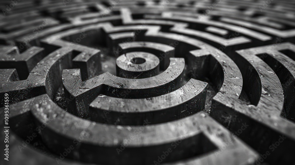 A close-up view of a complex, circular maze design with textured surfaces. A close-up view of a complex, circular maze design with textured surfaces.