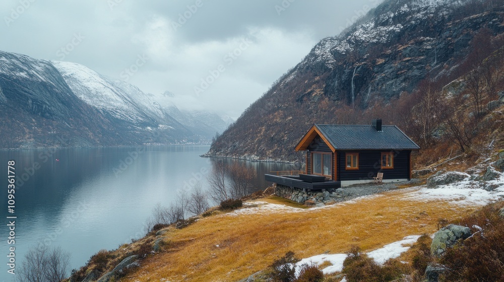 Fototapeta premium Secluded Cabin by Fjord in Norway's Majestic Mountains