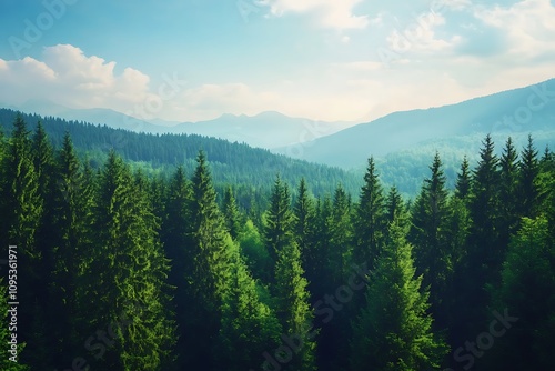 Lush green forest landscape with distant mountains under a bright sky.