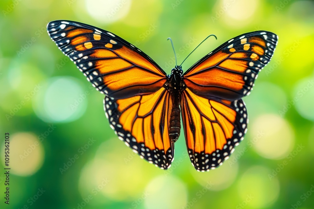 Obraz premium Monarch butterfly wings, vibrant orange, green bokeh.