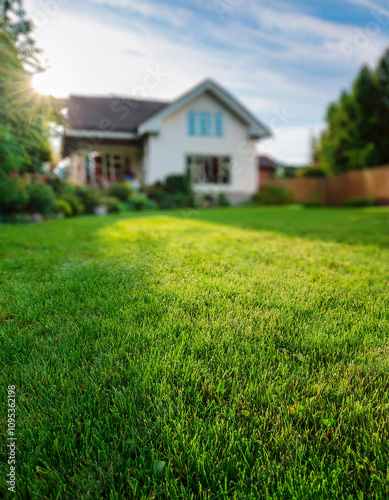 Close-up of green lawn with blurred house in the background. Backyard landscaping.