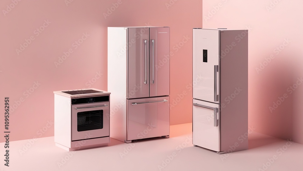 Isometric kitchen style with refrigerator and oven in flat pink background 3d rendering Isometric kitchen style with refrigerator and oven in flat pink background 3d rendering