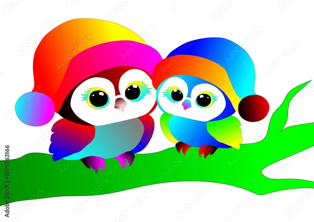 Fototapeta premium two birds sitting on a branch with colorful hat design