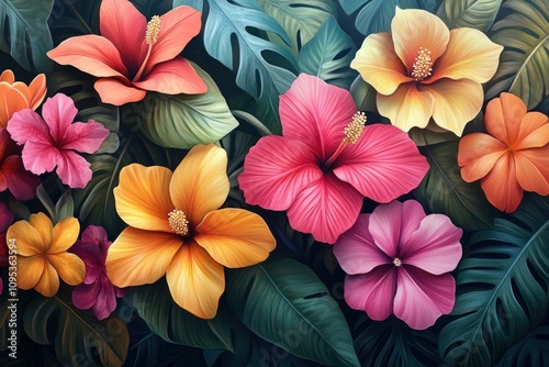 A vibrant and colorful arrangement of tropical hibiscus flowers against a backdrop of lush green foliage.