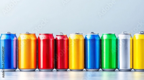  Row of colorful soda cans with condensation against a vibrant blue background