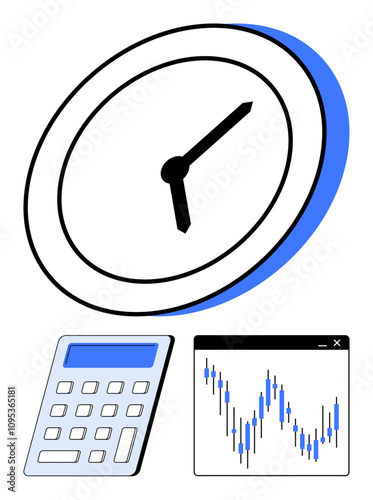 Clock with black hands, digital calculator, and stock market graph with blue chart fluctuations. Ideal for financial planning, business strategy, time management, economics, investment analysis