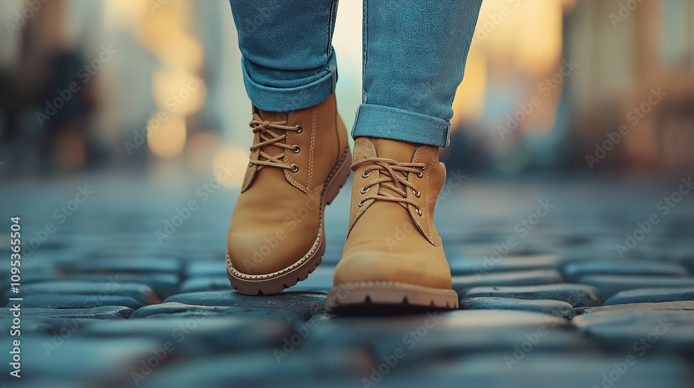 Close-up of model’s boots paired with cuffed jeans - Casual fashion detail Close-up of model’s boots paired with cuffed jeans - Casual fashion detail
