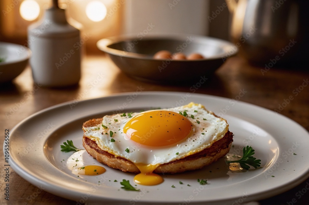 A fried egg with a runny yolk on a bun A fried egg with a runny yolk on a bun