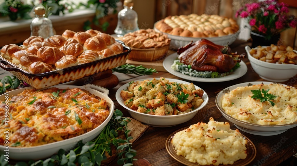 A festive spread of various delicious dishes for a celebratory meal. A festive spread of various delicious dishes for a celebratory meal.