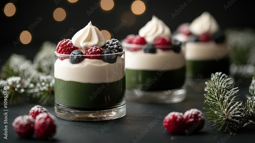 Three small glasses of dessert with whipped cream and berries on top Three small glasses of dessert with whipped cream and berries on top