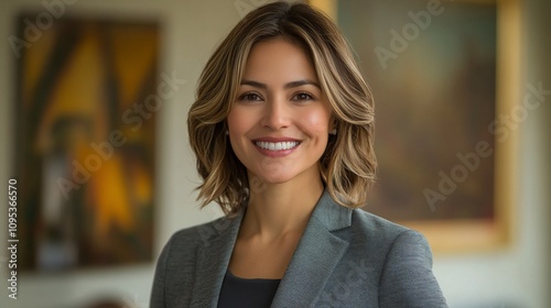 Smiling woman in grey blazer, professional headshot.