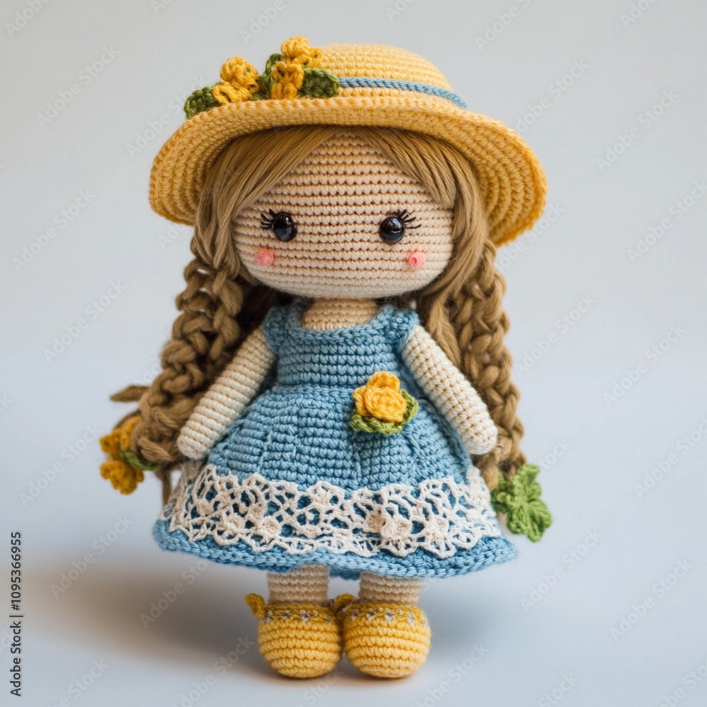 Beautiful handmade doll wearing a hat and a dress crocheted nice lovely girl decor design art photo object Beautiful handmade doll wearing a hat and a dress crocheted nice lovely girl decor design art photo object