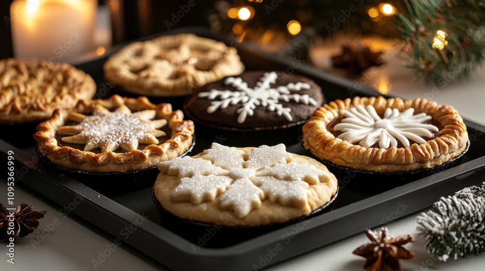 A tray of assorted pies with snowflake designs on them A tray of assorted pies with snowflake designs on them