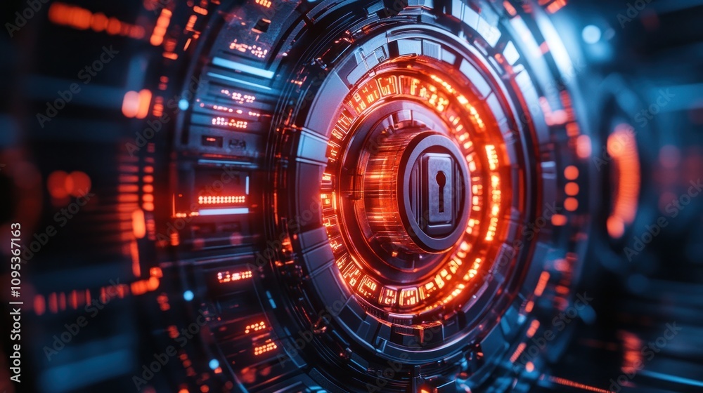A glowing digital lock with a keyhole in the center of a futuristic, circular, technological interface. A glowing digital lock with a keyhole in the center of a futuristic, circular, technological interface.
