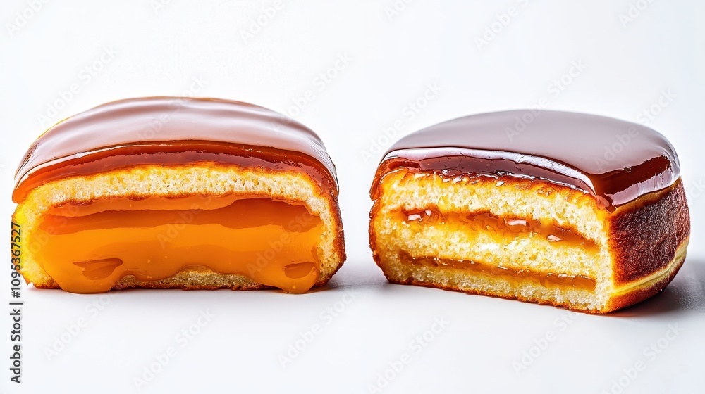 A close-up of two cut pastries, showcasing layers of cream and glaze, highlighting a delicious dessert experience. A close-up of two cut pastries, showcasing layers of cream and glaze, highlighting a delicious dessert experience.