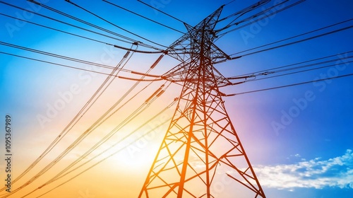 High-voltage power lines against a vibrant sunset sky.