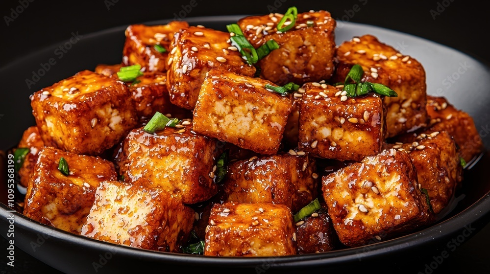 A vibrant plate of glazed tofu cubes garnished with green onions and sesame seeds, showcasing a delicious Asian-inspired dish. A vibrant plate of glazed tofu cubes garnished with green onions and sesame seeds, showcasing a delicious Asian-inspired dish.