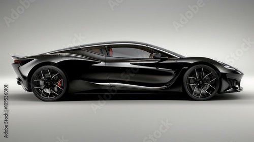 A sleek black sports car showcased from the side, emphasizing its aerodynamic design.