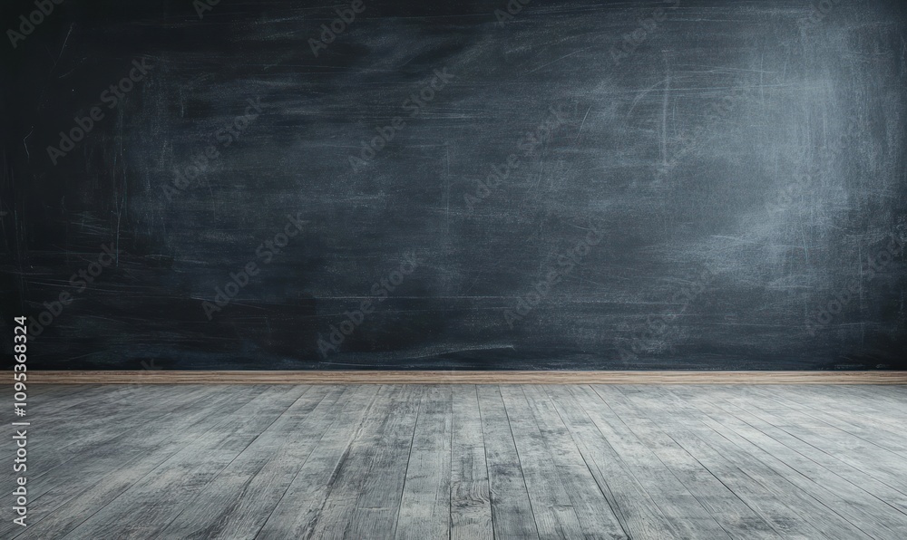 Dark Chalkboard Wall and Gray Wooden Floor Dark Chalkboard Wall and Gray Wooden Floor