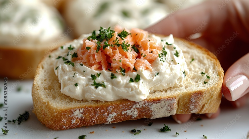 Delicious salmon spread atop warm, crusty bread with fresh herbs looks perfect for brunch Delicious salmon spread atop warm, crusty bread with fresh herbs looks perfect for brunch