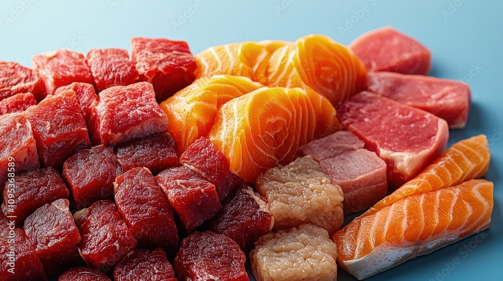 Vibrant cuts of beef, pork, and salmon are artistically displayed on a blue surface Vibrant cuts of beef, pork, and salmon are artistically displayed on a blue surface