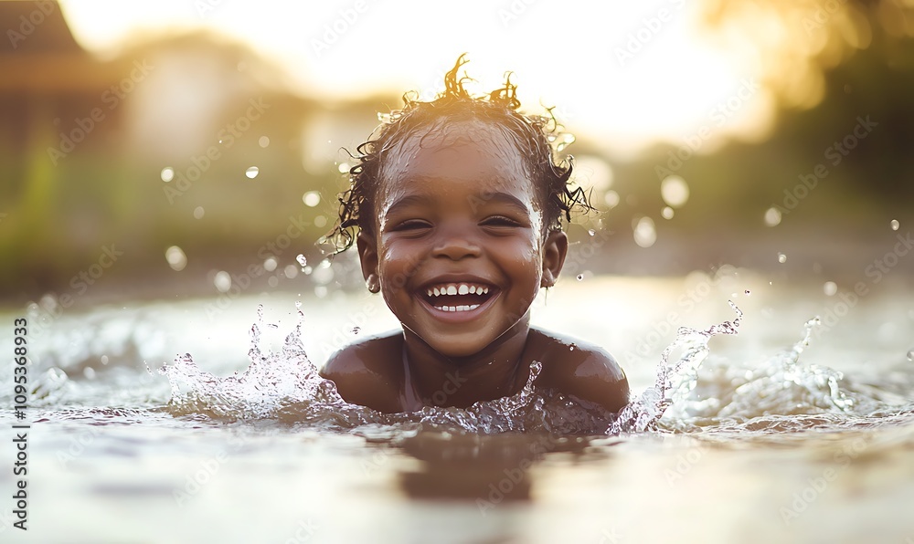 Obraz premium A joyful child swimming and splashing in water, radiating happiness and carefree spirit.