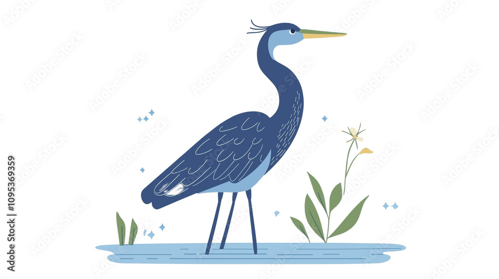 Obraz premium Great blue heron standing on the water with a small flower, a simple flat vector illustration on Transparent PNG format Background. Generative AI