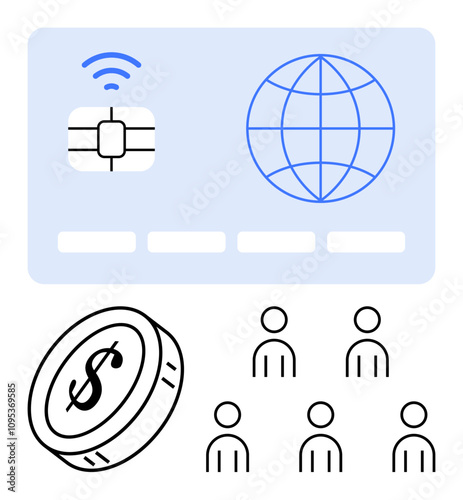 Credit card with chip and wireless signal, globe symbol, coin with dollar sign, and user icons depict global financial transactions. Ideal for digital banking, e-commerce, peer-to-peer payments