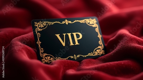 A luxurious VIP membership card displayed on a plush velvet background, emphasizing exclusivity and premium service. elegant gold lettering and intricate designs, highlighting the concept of VIP 