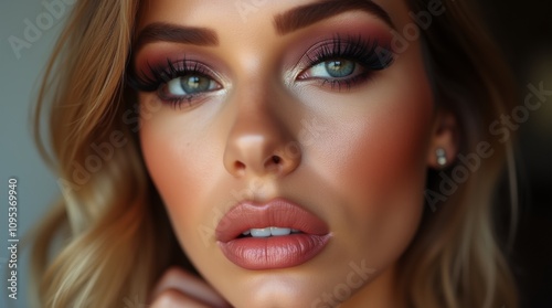 close-up of a woman's face showcasing stunning glam makeup, with bold eyeshadow, dramatic lashes, and a striking lip color, captivating and glamorous look