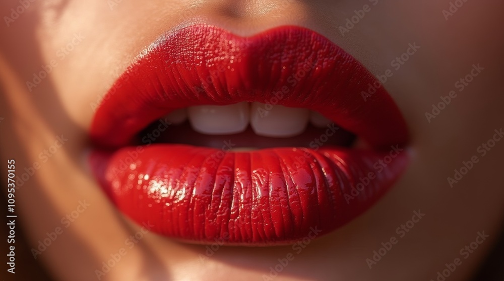 Obraz premium close-up of a woman's lips showcasing a striking bold lipstick color, with soft lighting enhancing the richness of the shade, glamorous look